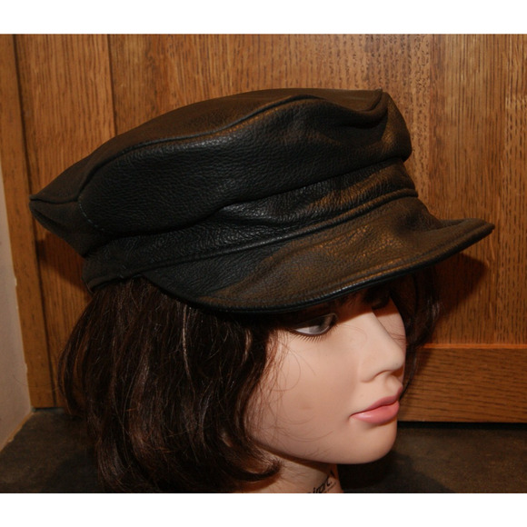 Vintage Biker Motorcycle Black Leather Cabbie Captain Cap Hat Strapback USA Made - Picture 1 of 7